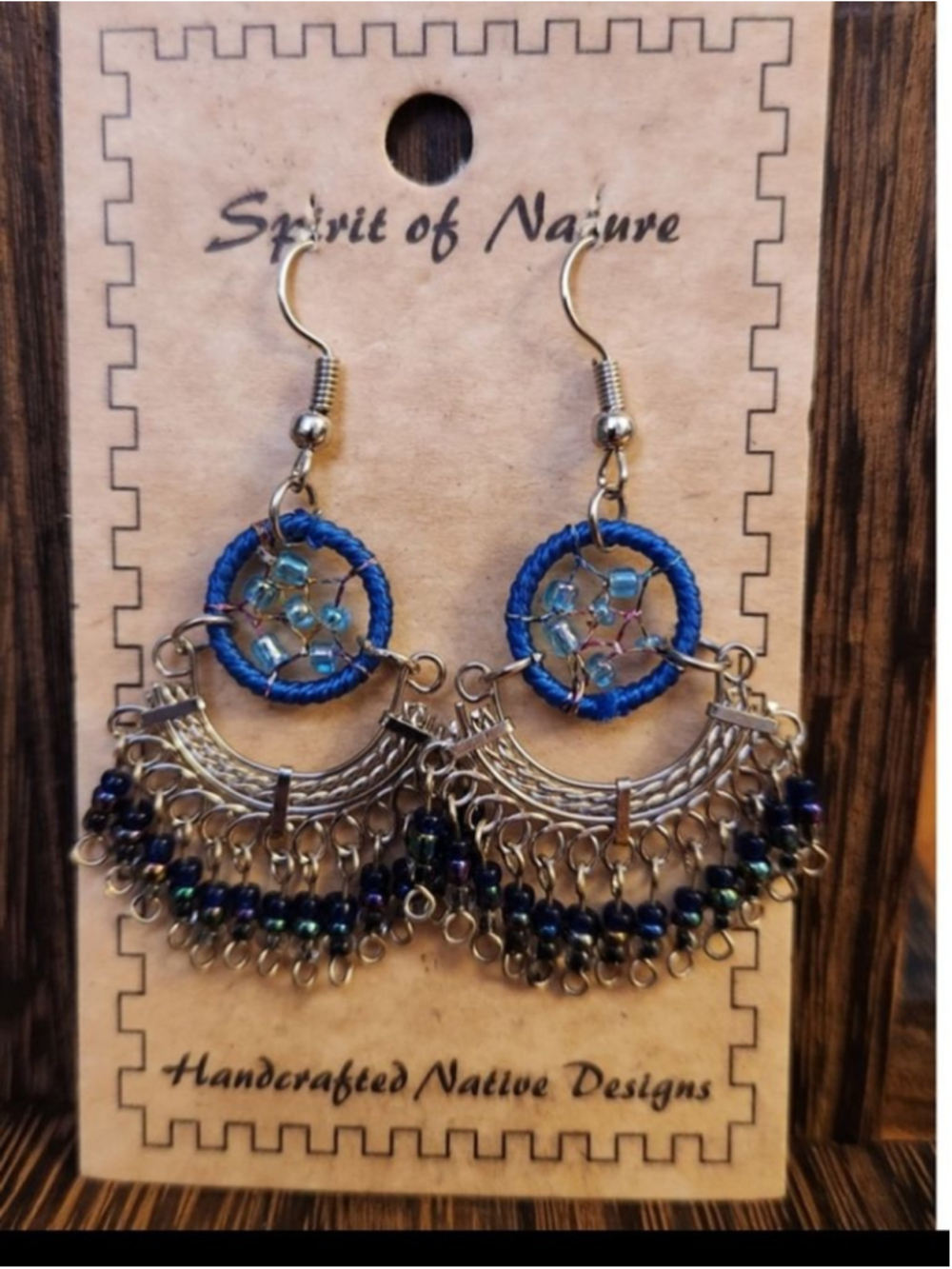 Spirit of Nature Dream Catcher Dangle Earrings with Blue and Silver Beaded